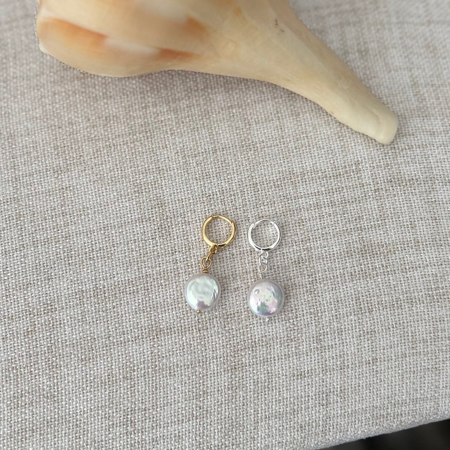 Coin Pearl Earrings (Huggie Hoops)