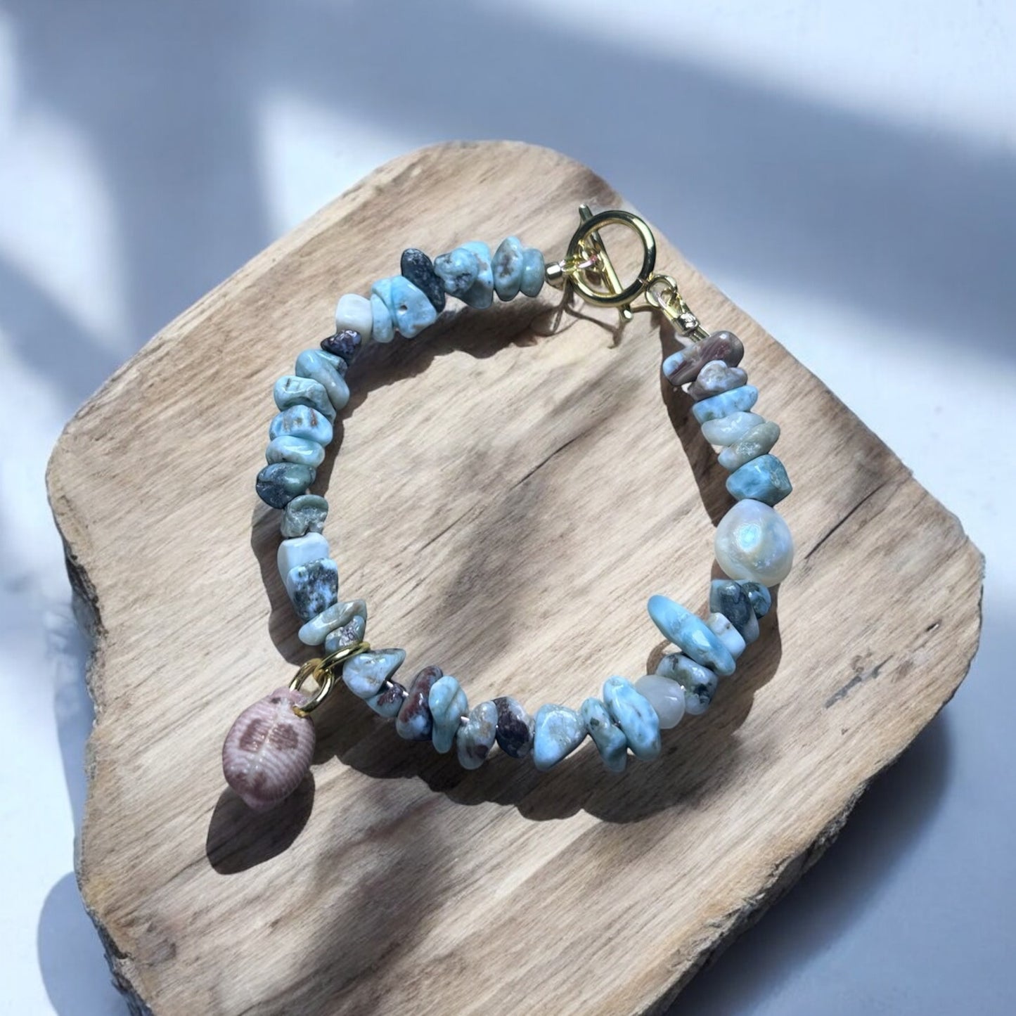 Larimar, Pearl & Cowrie Bracelet