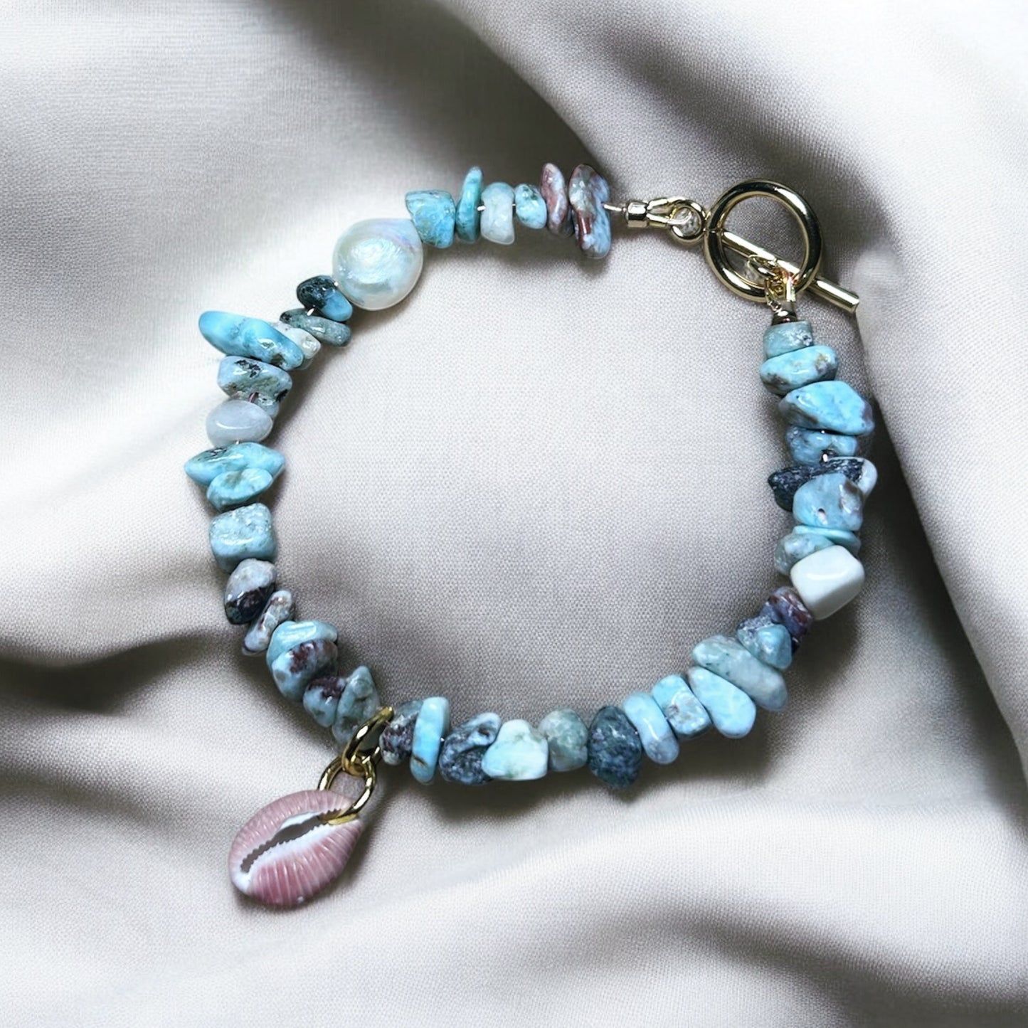 Larimar, Pearl & Cowrie Bracelet