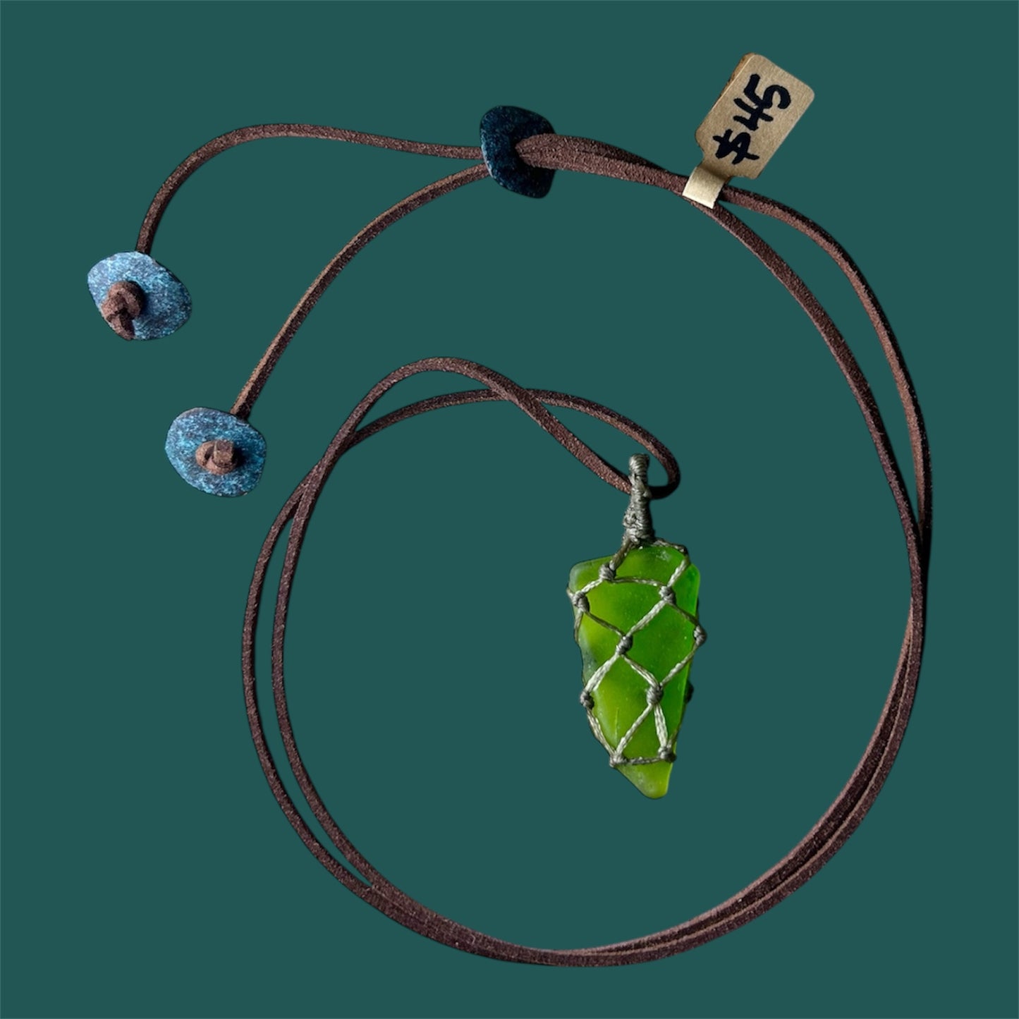 Wrapped Sea Glass + Leather + Mykonos Metal Discs Long Necklace