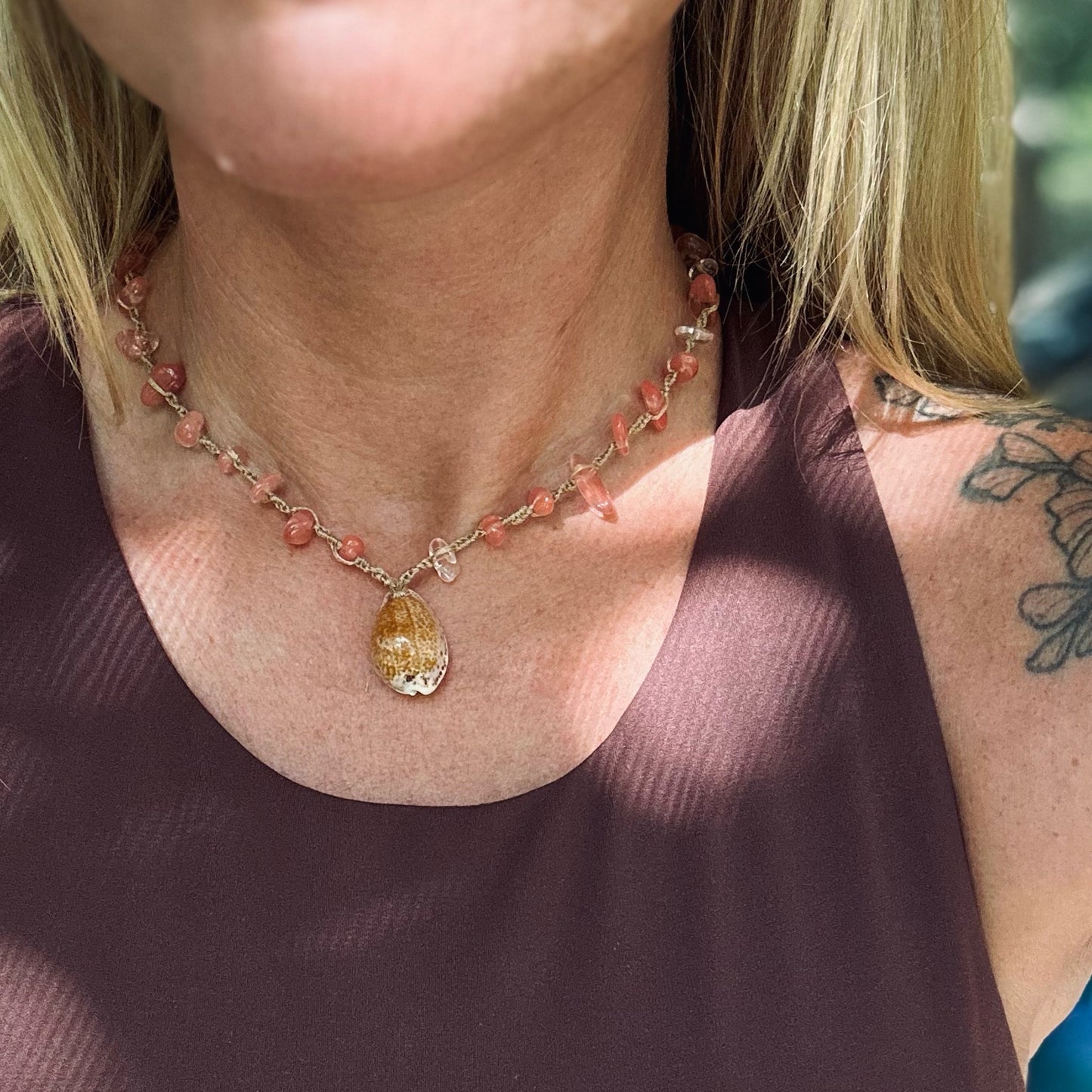 Cowrie Shell + Cherry Quartz Necklace