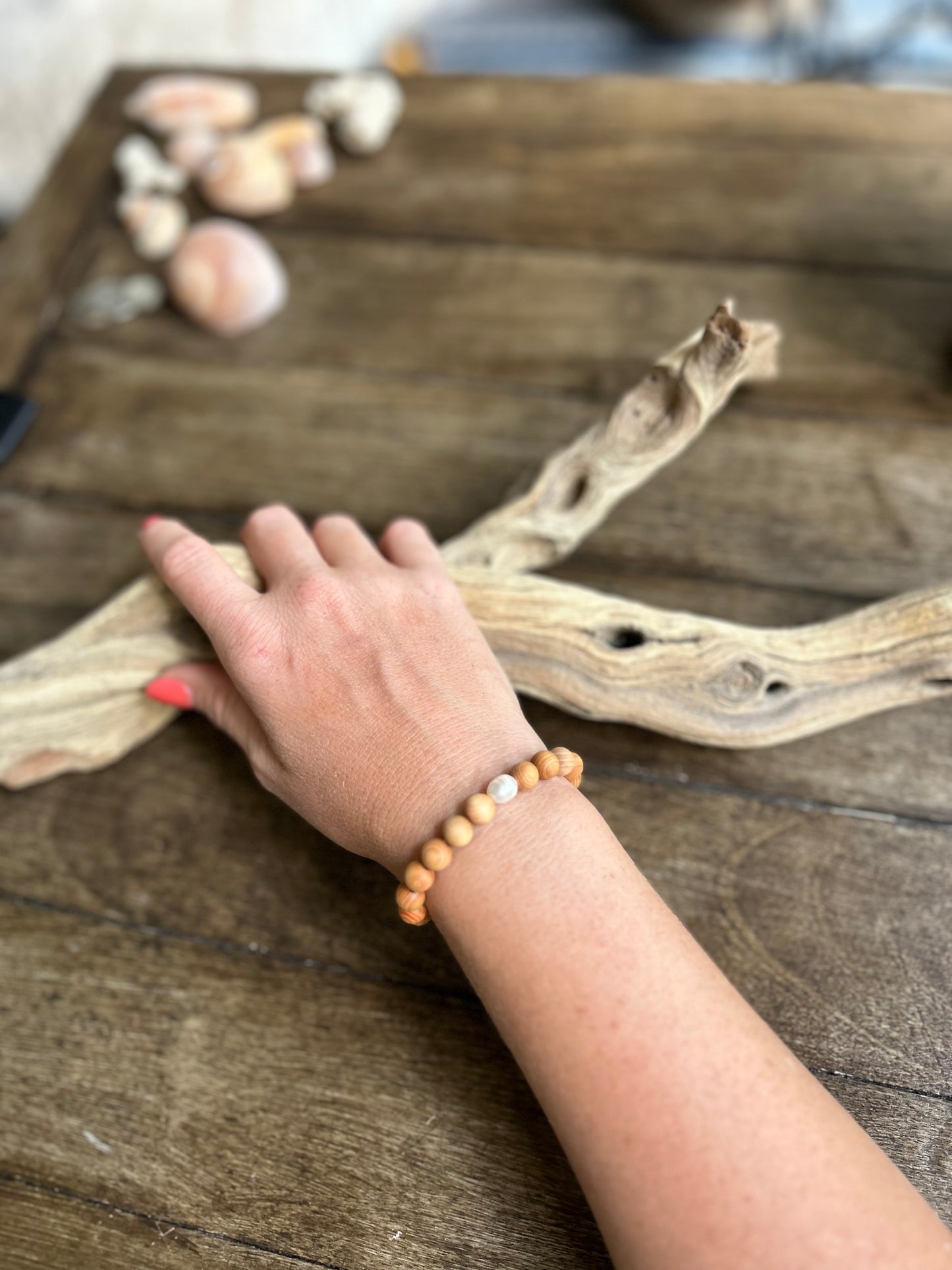 CUSTOM Thuja Wood w/Solitary Pearl & Glass Heart Bracelet