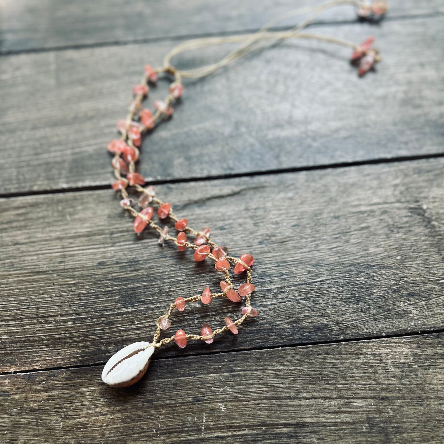 Cowrie Shell + Cherry Quartz Necklace