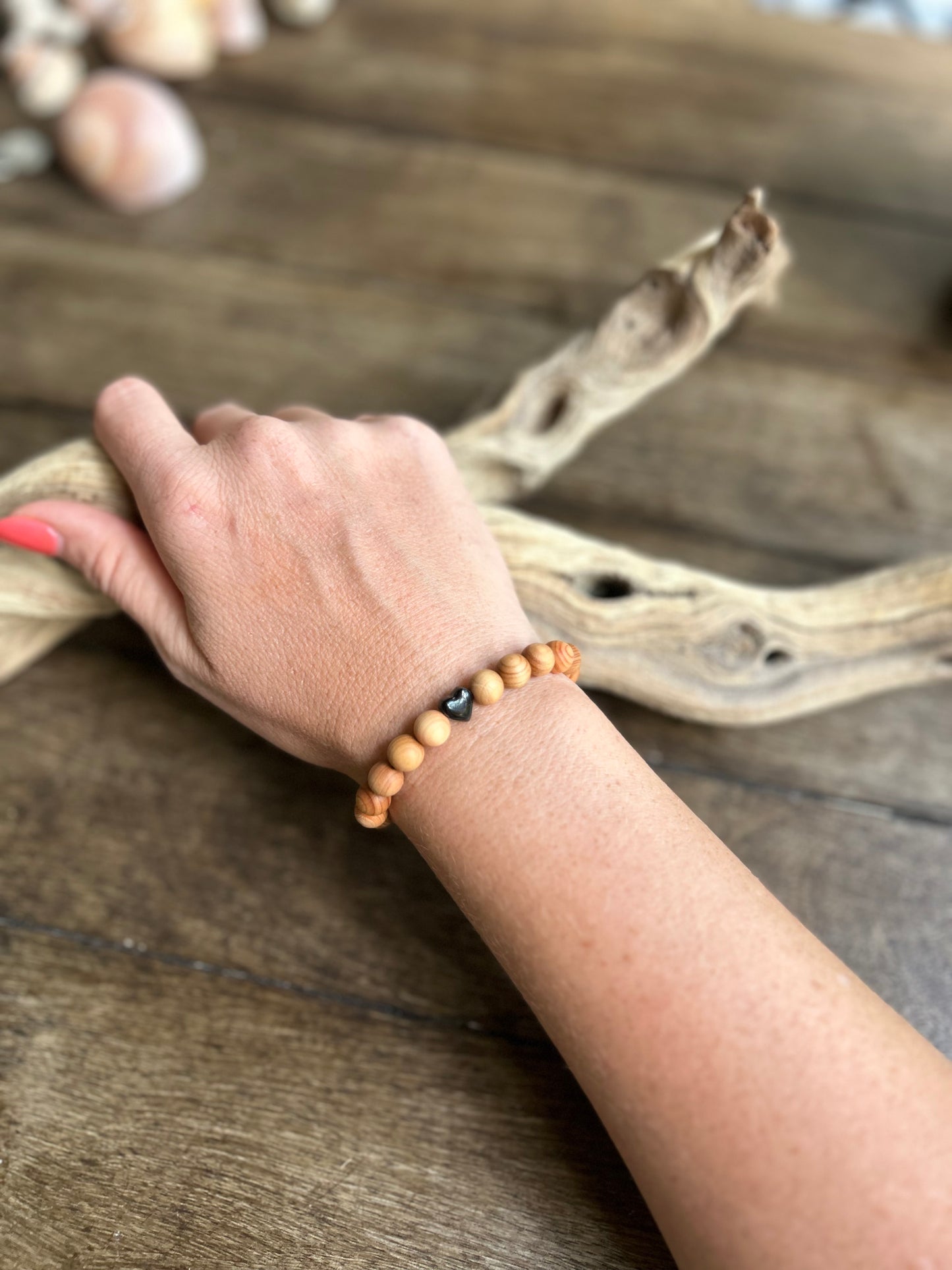 CUSTOM Thuja Wood w/Solitary Pearl & Glass Heart Bracelet