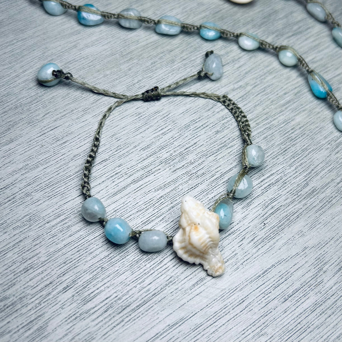 Shell + Larimar Stone Necklace & Bracelet Set