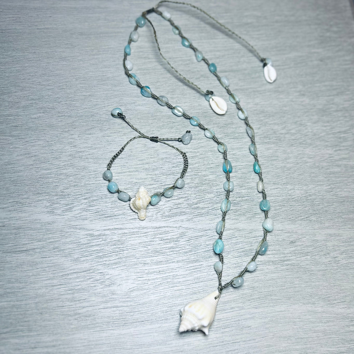 Shell + Larimar Stone Necklace & Bracelet Set