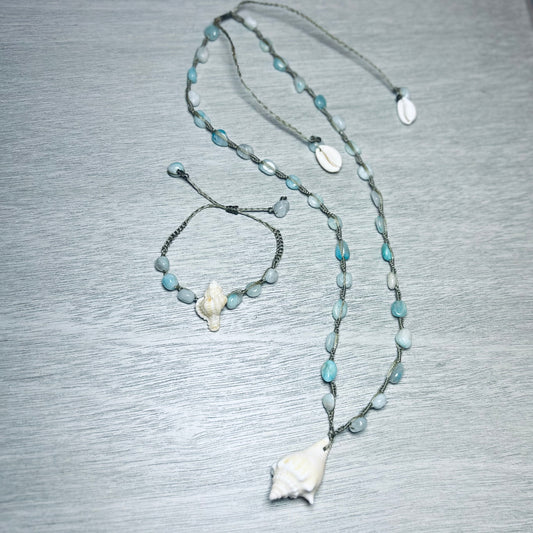 Shell + Larimar Stone Necklace & Bracelet Set
