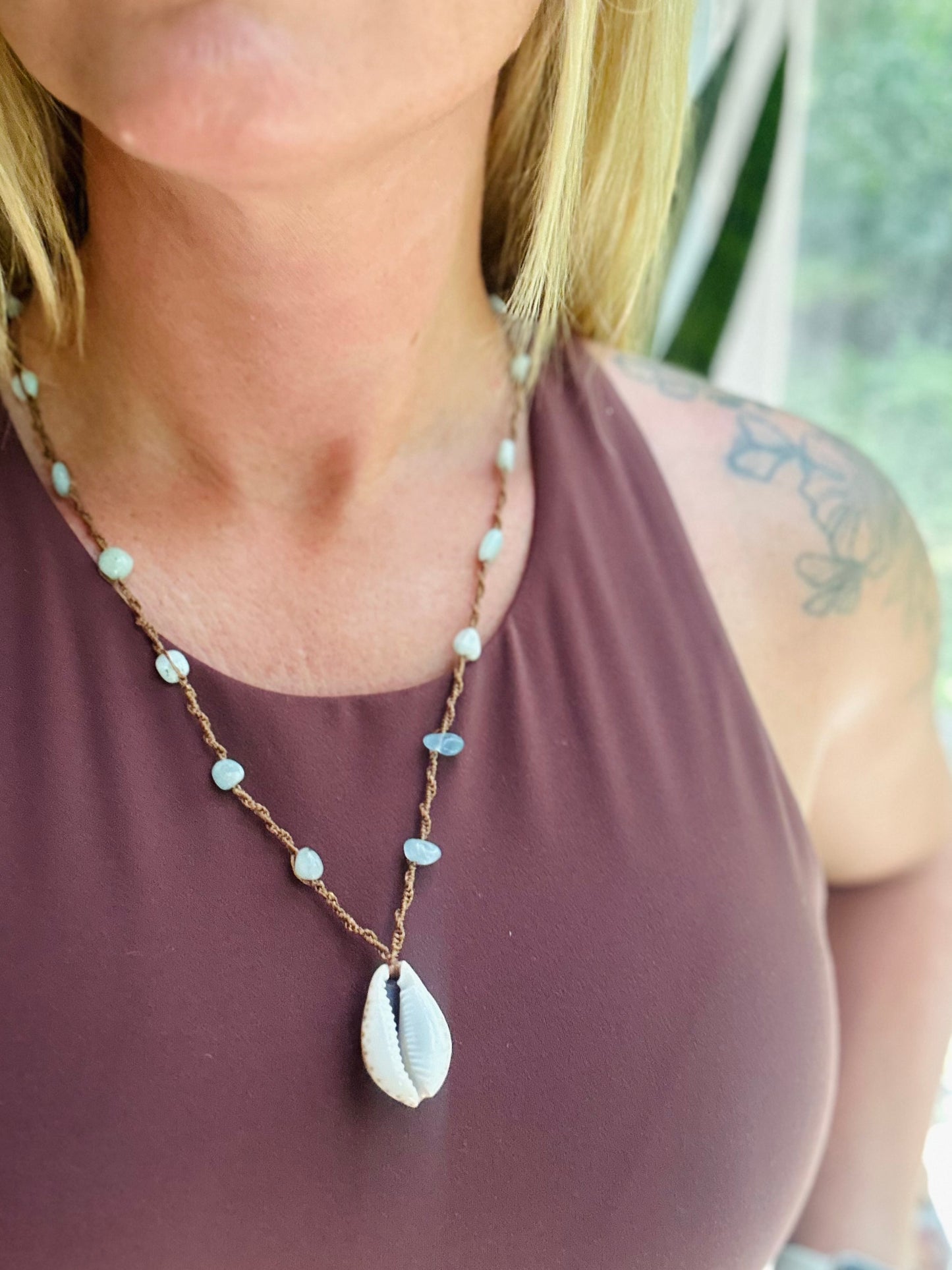 Cowrie Shell + Larimar Necklace