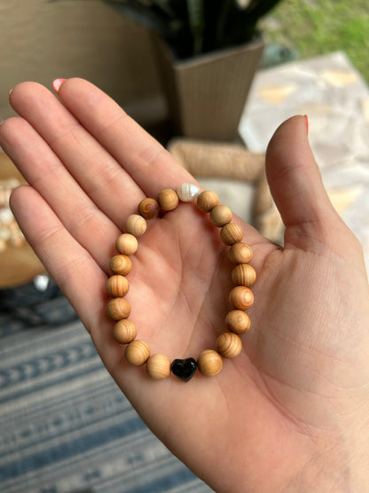 CUSTOM Thuja Wood w/Solitary Pearl & Glass Heart Bracelet