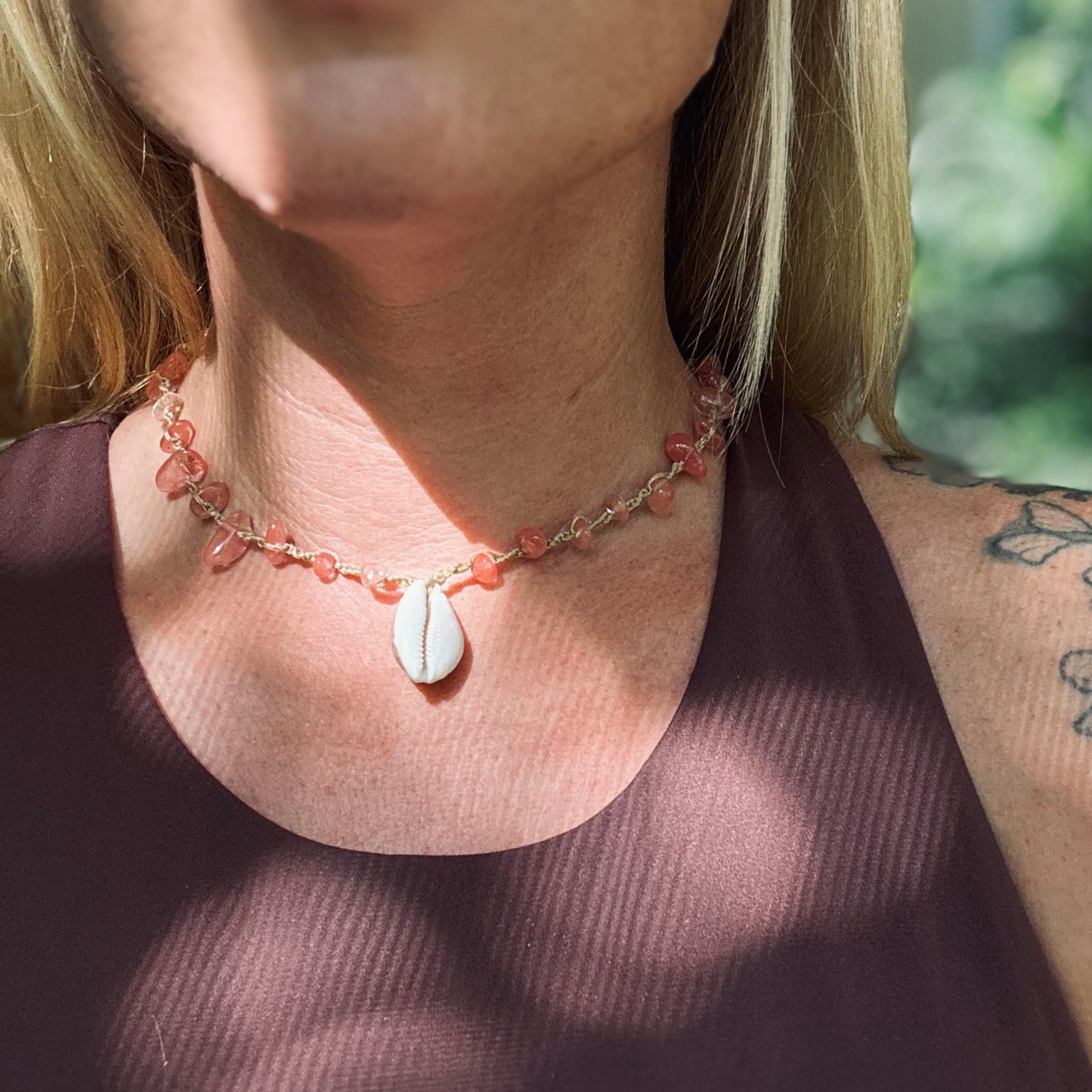Cowrie Shell + Cherry Quartz Necklace