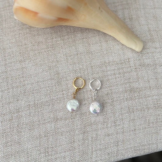 Coin Pearl Earrings (Huggie Hoops)