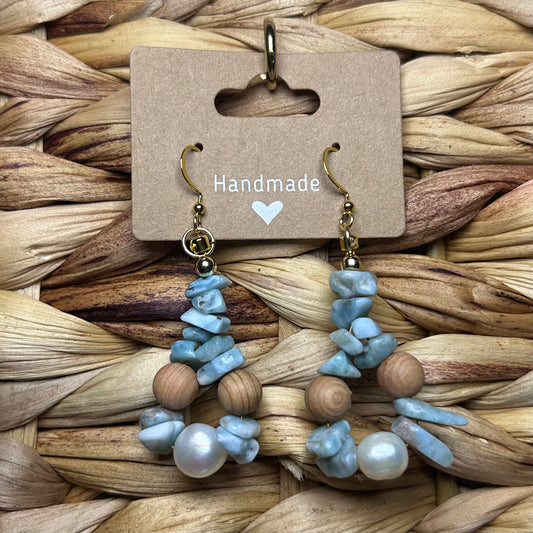 Larimar, Wood & Freshwater Pearl earrings