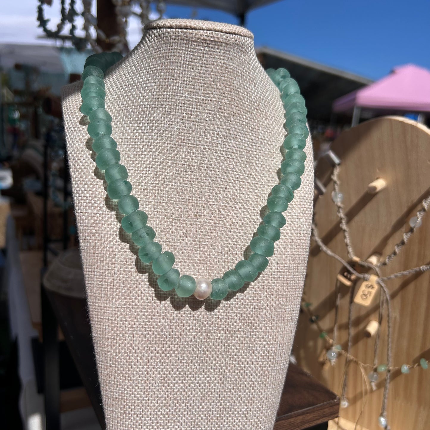 White Freshwater Pearl + Recycled Glass Necklace