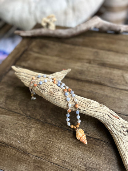 Conch Macrame Necklace w Pearl, Aquamarine & Wood