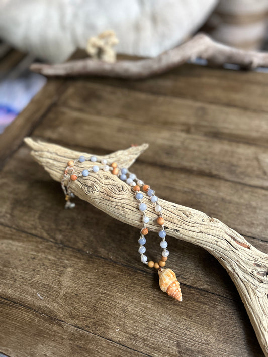 Conch Macrame Necklace w Pearl, Aquamarine & Wood