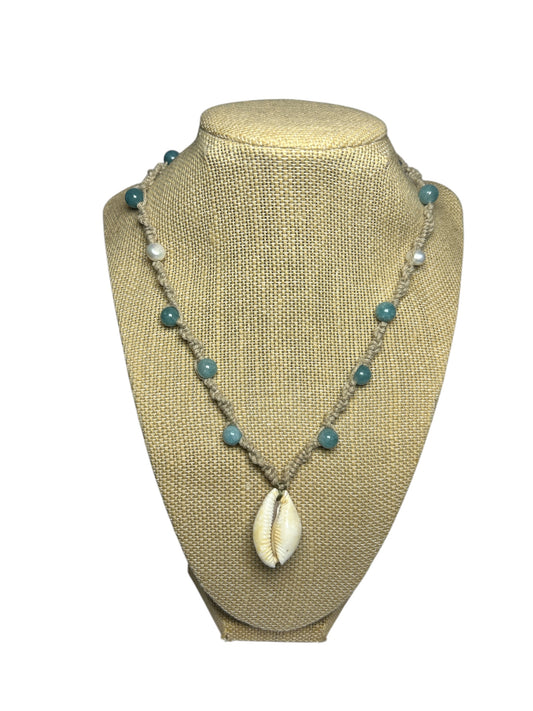 Hemp Macrame Necklace: Cowrie Shell+Stones+Pearls