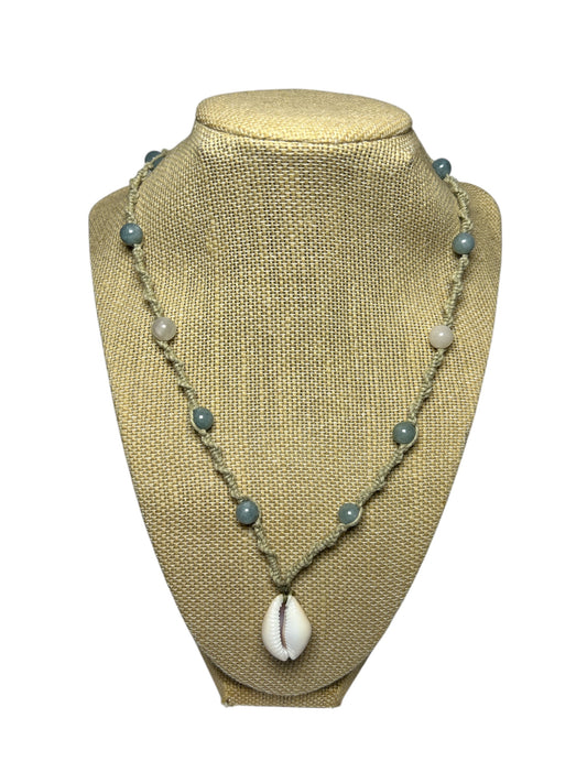 Hemp Macrame Necklace: Cowrie Shell+Burmese Jade