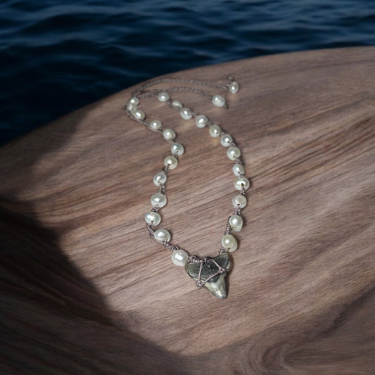 Macrame Necklace: Shark Tooth+Freshwater Pearls