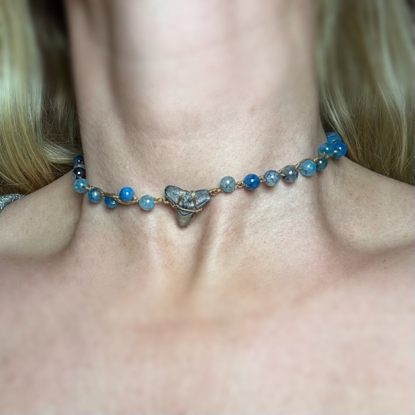 Macrame Choker: Shark Tooth+Blue Agate