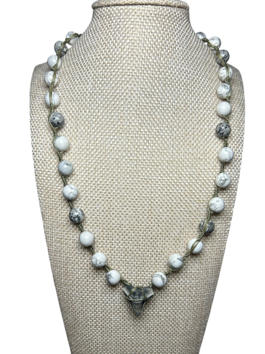 Macrame Necklace: Shark Tooth+Howlite+Land Map Jasper