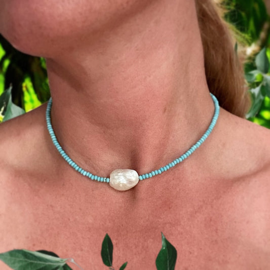 Aphrodite Collection: Freshwater Pearl + Turquoise Necklace