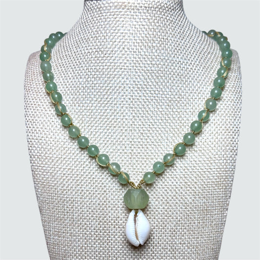 Cowrie + Jade Cube + Aventurine Necklace
