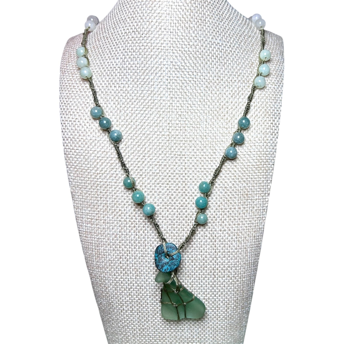 Sea Glass + Metal Disc + Stones Long Necklace