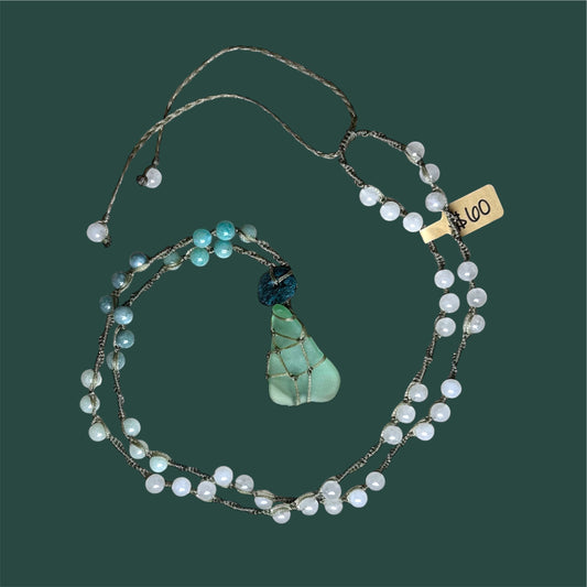 Sea Glass + Metal Disc + Stones Long Necklace