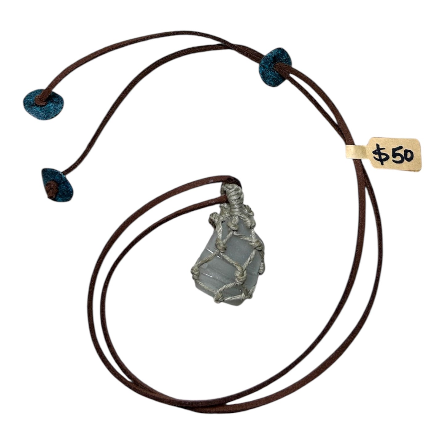 Hemp Wrapped Sea Glass + Leather + Mykonos Metal Discs Long Necklace