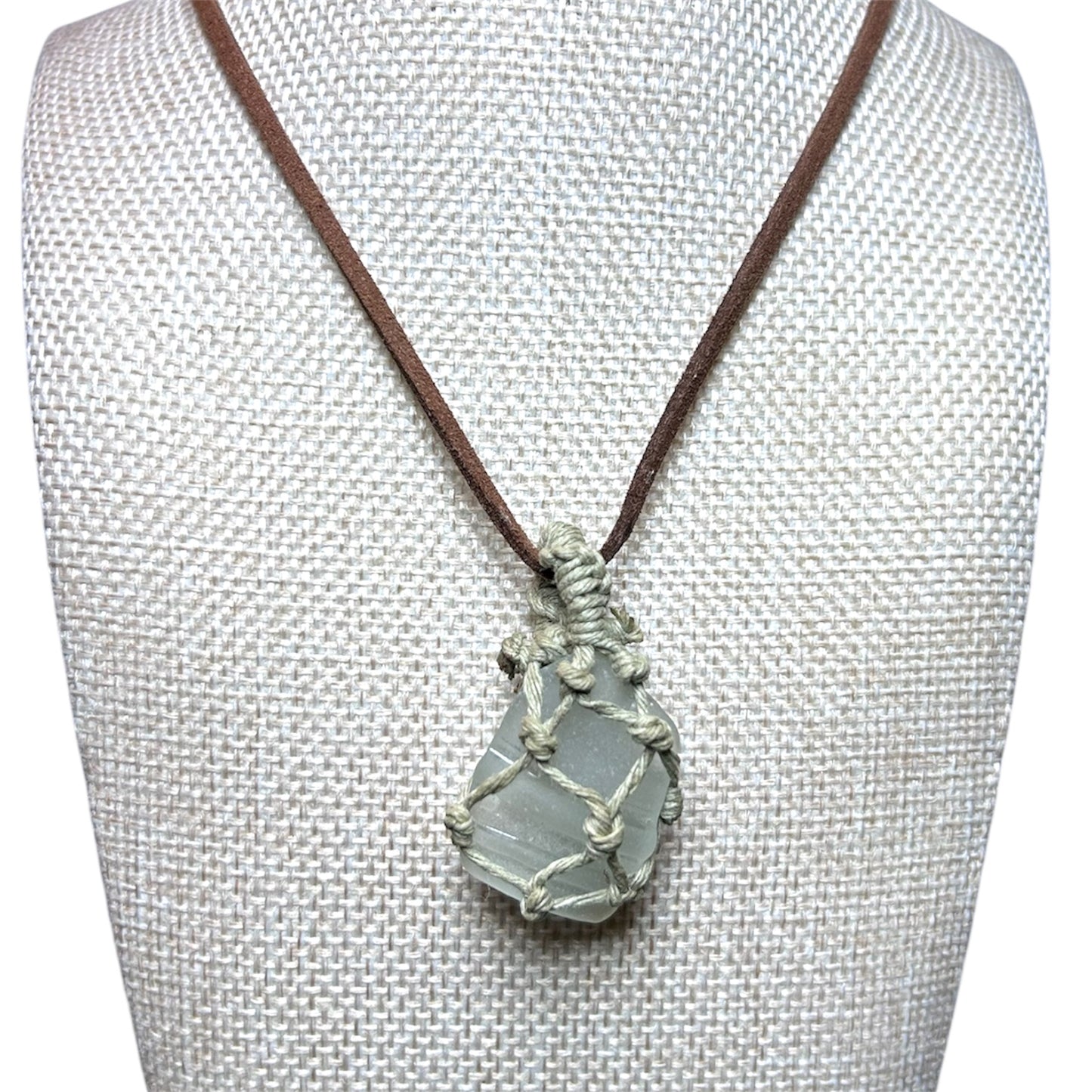 Hemp Wrapped Sea Glass + Leather + Mykonos Metal Discs Long Necklace