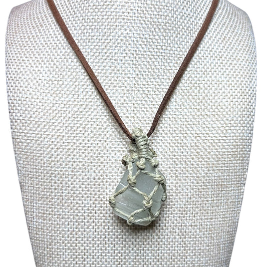 Hemp Wrapped Sea Glass + Leather + Mykonos Metal Discs Long Necklace