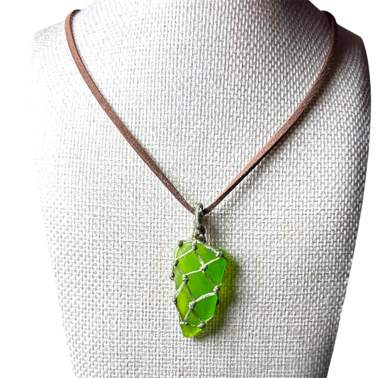 Wrapped Sea Glass + Leather + Mykonos Metal Discs Long Necklace