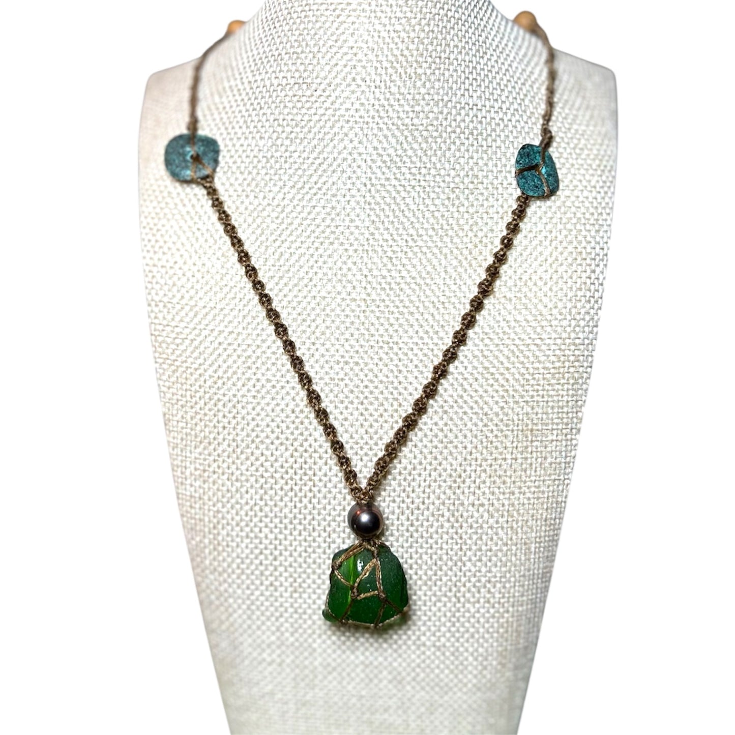 Wrapped Sea Glass + Leather + Peacock Pearl Necklace