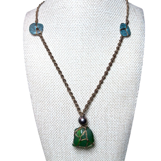Wrapped Sea Glass + Leather + Peacock Pearl Necklace