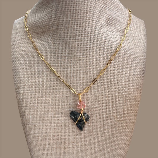 Shark Tooth + Cherry Quartz + Gold Paperclip Chain Necklace