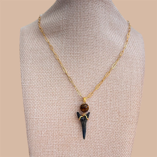 Shark Tooth + Tiger Eye + Gold Paperclip Chain Necklace