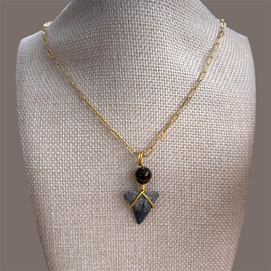 Shark Tooth + Tiger Eye + Gold Paperclip Chain Necklace