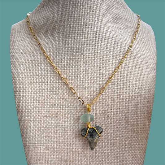 Shark Tooth + Sea Glass + Gold Paperclip Chain Necklace