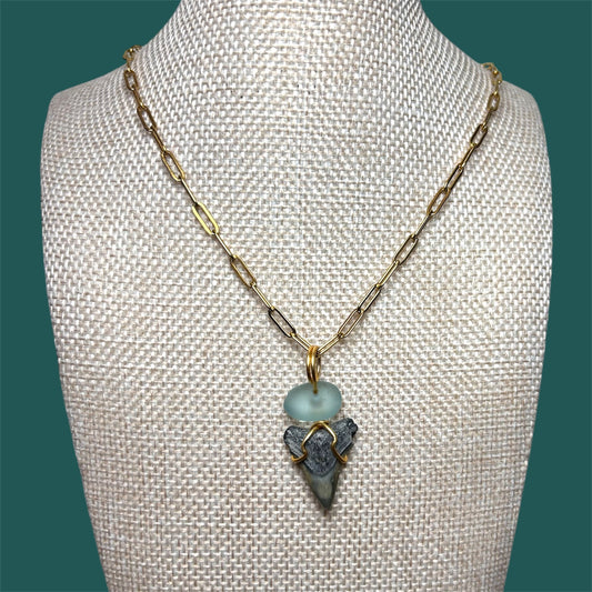 Shark Tooth + Sea Glass + Gold Paperclip Chain Necklace
