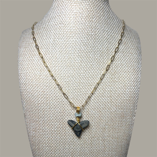 Shark Tooth + Larimar + Gold Paperclip Chain Necklace