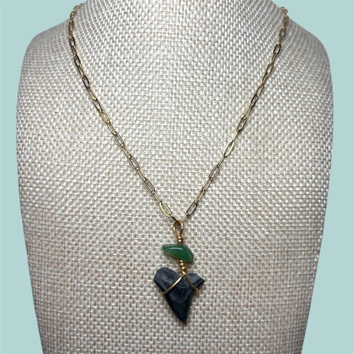 Shark Tooth + Stone + Gold Paperclip Chain Necklace
