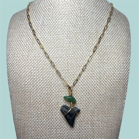 Shark Tooth + Stone + Gold Paperclip Chain Necklace