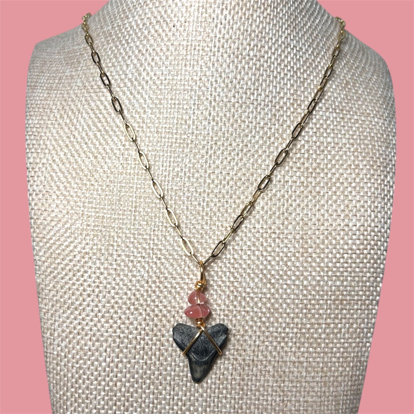 Shark Tooth + Stone + Gold Paperclip Chain Necklace