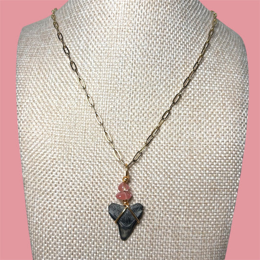 Shark Tooth + Stone + Gold Paperclip Chain Necklace