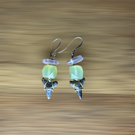 Shark Tooth, Jade + Glass Earrings