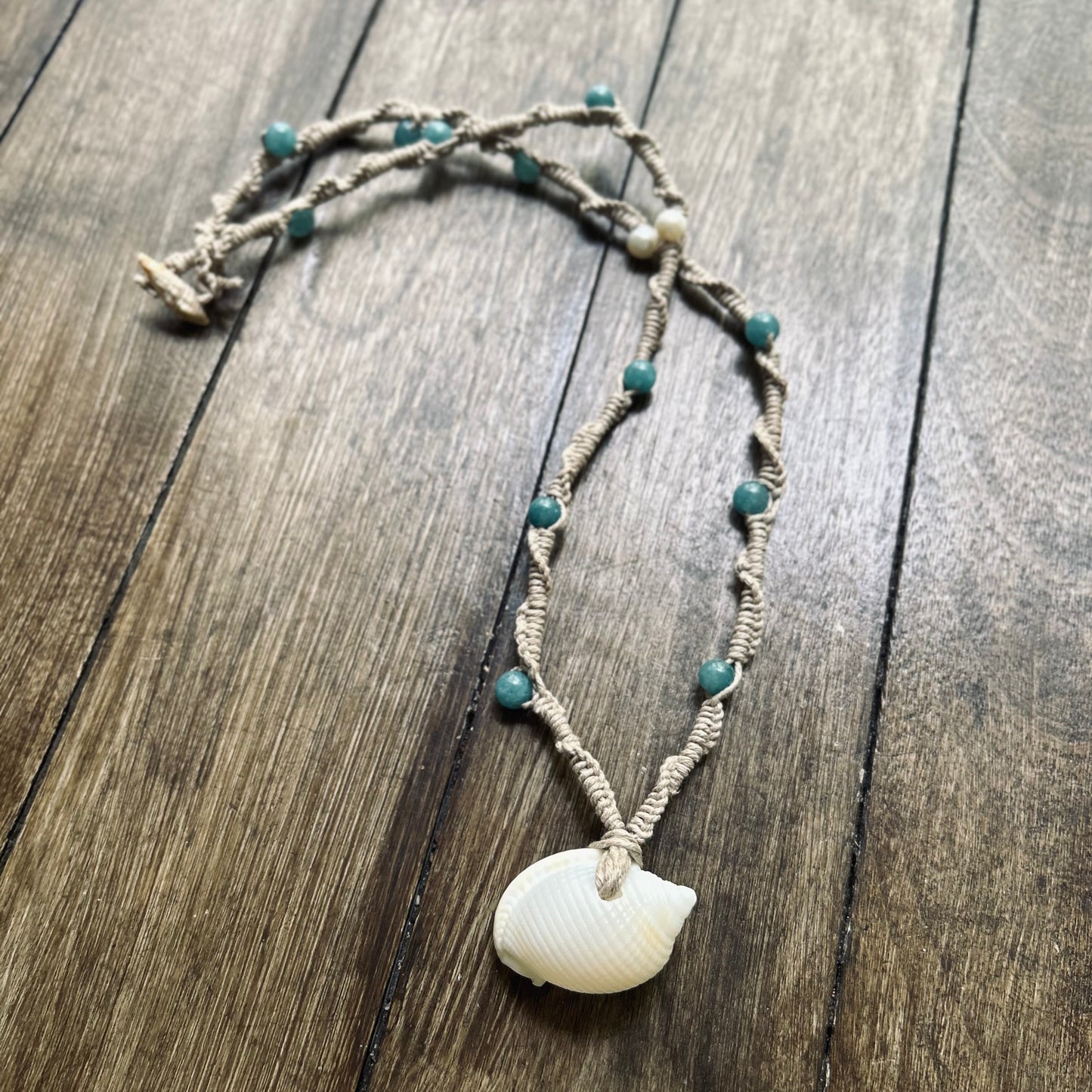 14” Scotch Bonnet Shell, Aquamarine & Pearls Hemp twist Necklace