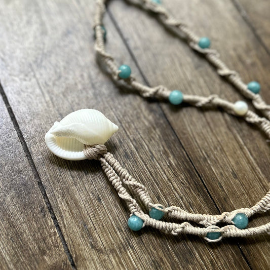 14” Scotch Bonnet Shell, Aquamarine & Pearls Hemp twist Necklace