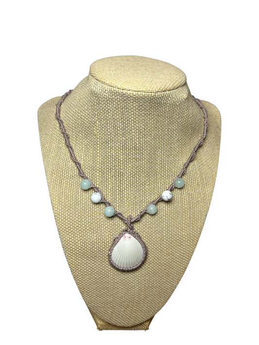 Macrame Necklace: Wrapped Scallop Shell+Amazonite+Howlite