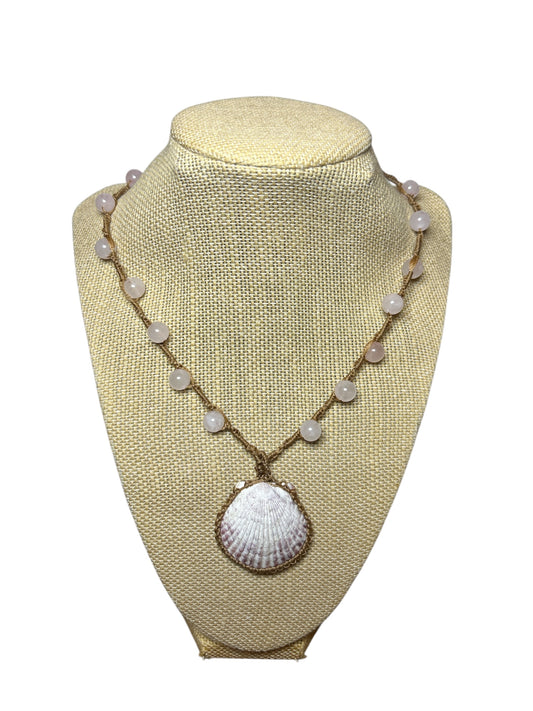 Macrame Necklace: Wrapped Scallop Shell+Rose Quartz