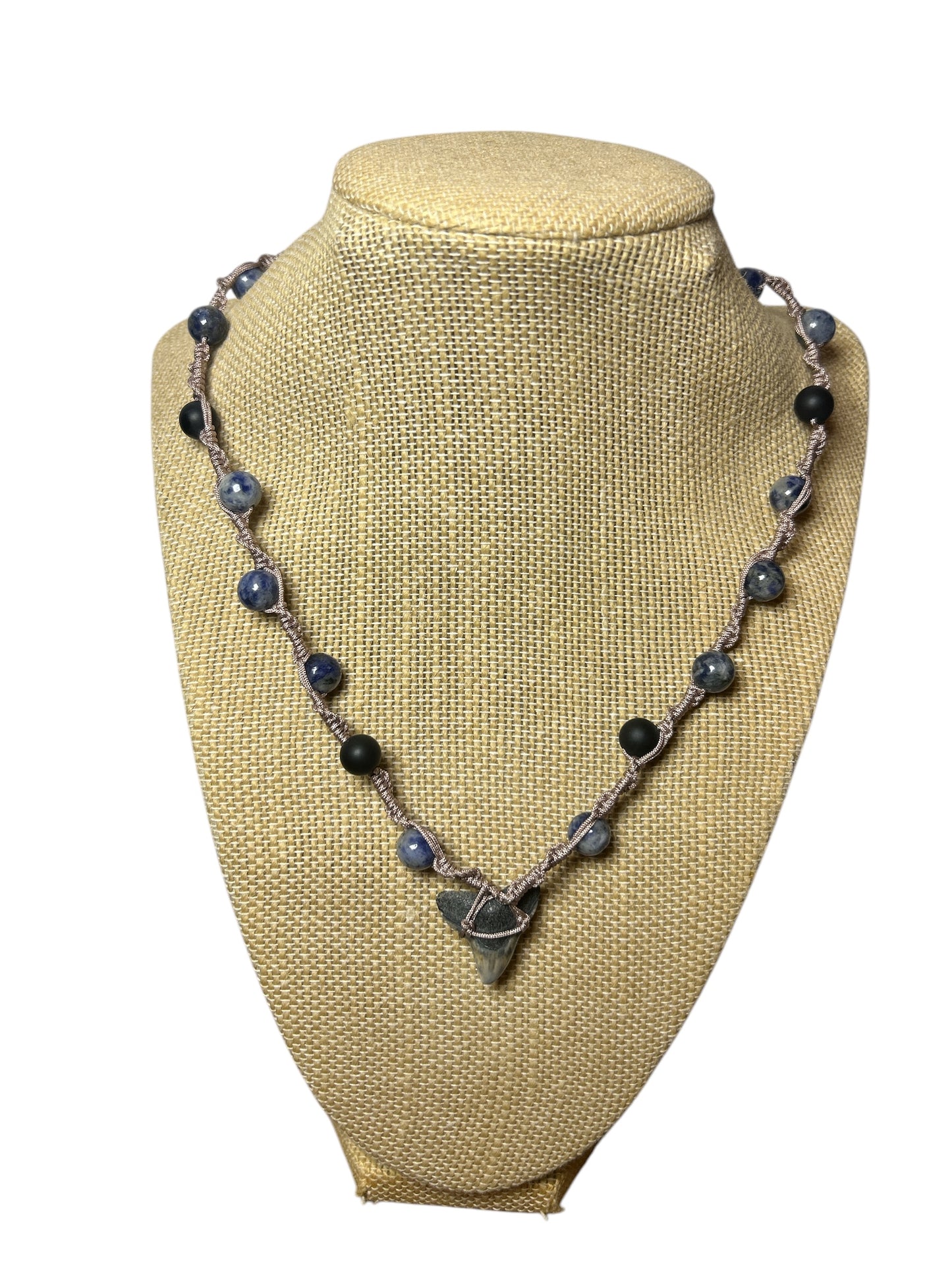 Macrame Necklace: Shark Tooth+Blue Spot Jasper+Onyx